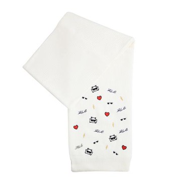 KARL LAGERFELD 卡爾 貓咪愛心電繡徽章保暖針織長圍巾.白