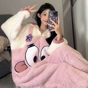 可愛海綿寶寶 派大星珊瑚絨睡衣女加絨加厚冬季新款毛絨連體睡衣家居服睡袍 珊瑚絨睡衣 冬季睡衣 可愛睡袍 冬天睡衣 法蘭絨