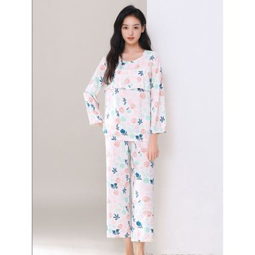 媽媽春秋棉綢長袖睡衣女九分褲兩件套中老年夏季花色人造棉居家服