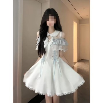 法式娃娃領露肩拼接千金風連衣裙女夏日溫柔公主裙收腰蓬蓬裙子