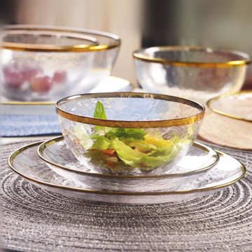 金邊大玻璃碗大號沙拉碗家用透明韓式可愛水晶碗盤子家用菜盤餐盤
