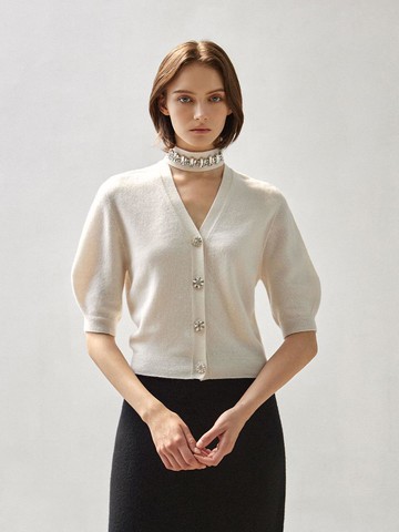 Cashmere 100% Jewelry Half - Sleeve Cardigan