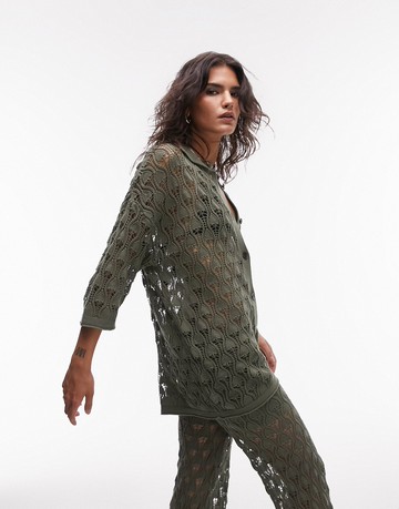 Topshop knitted co-ord open stich collared shirt in green