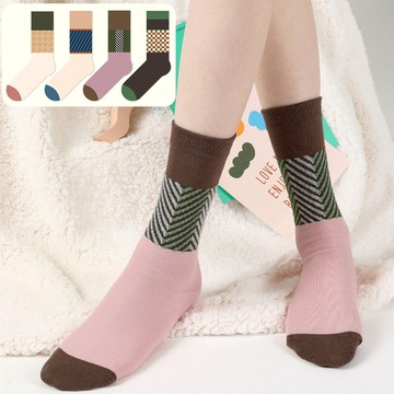 w0024 日系棕綠撞色防滑吸汗中筒襪.短襪.襪子