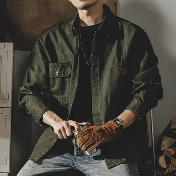 美式復古工裝襯衫男長袖春秋款寬松硬漢獵裝教練夾克男秋季外套男鑫弘-錦衣華服