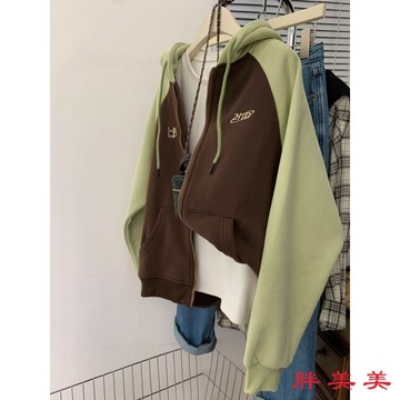 【M-5XL大尺碼】大尺碼女裝 連帽衛衣 帽t 長袖上衣 寬鬆顯瘦 特大碼300斤胖mm美式複古拚接插肩連帽開衫衛衣外套