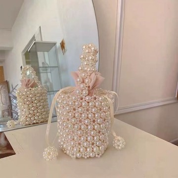 情侶手工禮物 diy禮物 七夕送女朋友法式仙女diy材料包手工编织串珠珍珠水桶手提斜挎包 斜跨包 手工 diy 材料包