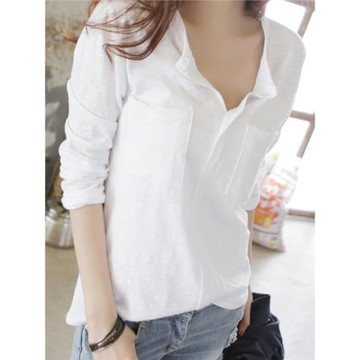 春秋韓版竹節棉長袖t恤女裝v領大碼寬松內搭體恤純棉打底衫上衣潮