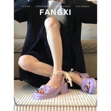 夏季仙女風蝴蝶結珍珠絲帶高跟厚底涼鞋女新款踩屎感粗跟羅馬女鞋