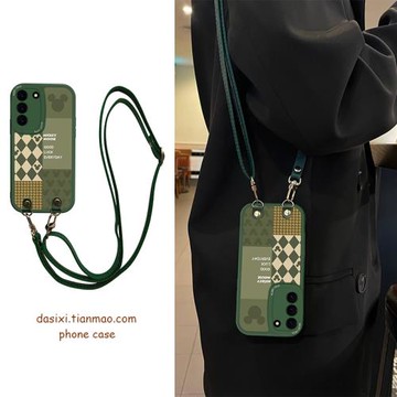 適用三星S25手機殼個性格子斜挎SamsungS23ultra鏡頭s24全包S22+軟硅膠S20FE帶掛繩21高級皮質套女新款背帶