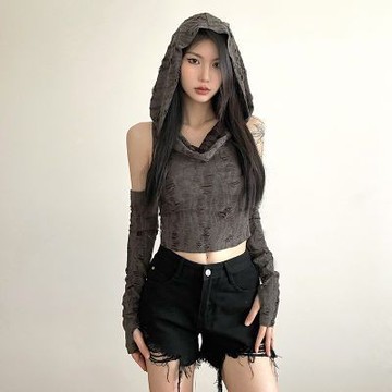 【臺灣有貨】沙丘廢土風y2k性感辣妹連帽上衣夏季女露肩顯瘦設計感短款t恤小眾