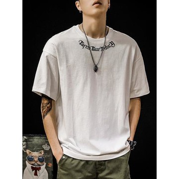 2023夏季潮牌純棉字母刺繡短袖t恤男ins胖子寬松大碼圓領半袖體恤