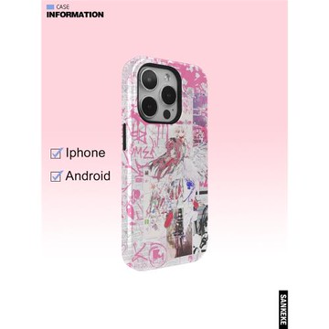 三殼殼原創日系復古抽象卡通高級韓國涂層菲林2合1手機保護殼適用于蘋果15promax/plus/14/13/12/11/IMD全包/