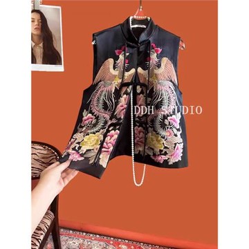 新中式鳳穿牡丹繡花馬甲外套女國風重工刺繡盤扣無袖開衫馬夾上衣