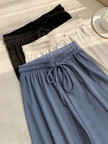 冰絲闊腿褲女夏季薄款大碼高腰垂感拖地長褲寬松墜感直筒休閑褲子