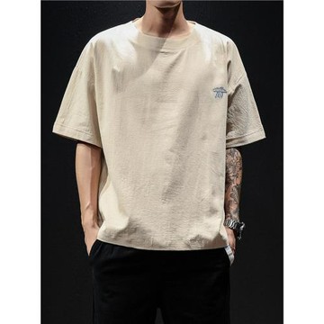 亞麻短袖T恤男潮牌潮流棉麻布衣服夏季薄款寬松半袖體恤刺繡恤