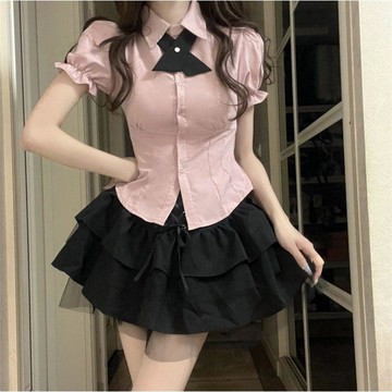 【砂糖夢境】套裝學院風日系JK制服女收腰顯瘦泡泡袖襯衫上衣高腰蓬蓬蛋糕裙子