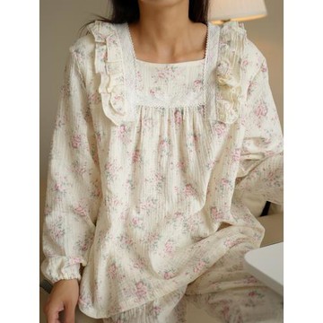 法式蕾絲方領 女士雙層純棉縐布家居服全棉睡衣睡褲 起居服 春秋