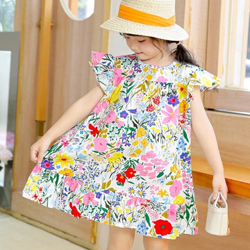 純棉涼爽小飛袖荷葉邊洋裝-五色花朵