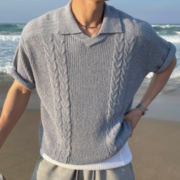 【Metanoia】韓國設計 翻領麻花針織短袖上衣