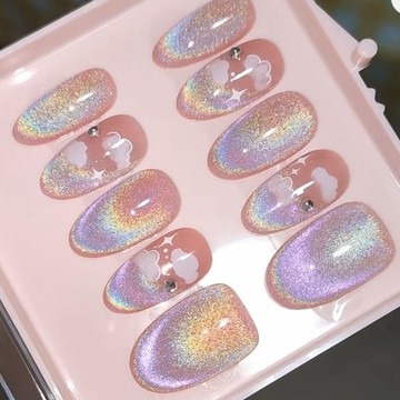 🎀台灣出貨🎀純手工穿戴甲學生彩虹貓眼顯白高級美甲橢圓形穿戴甲短款