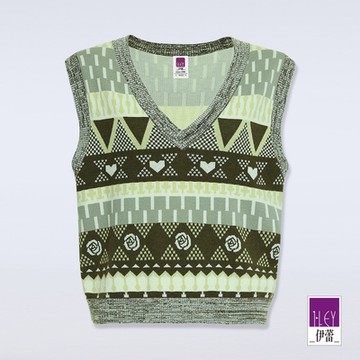 ILEY伊蕾 韓系V領民族風羊毛針織背心(綠；M-XL)