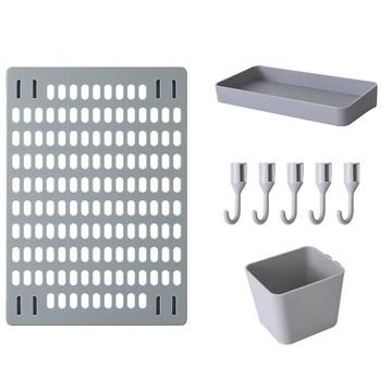 免打孔家用洞洞板置物架 洞洞板42x30cm 置物盤20x10x3cm 收納盒10x8x8cm 掛勾長2.6cm  灰色  1組