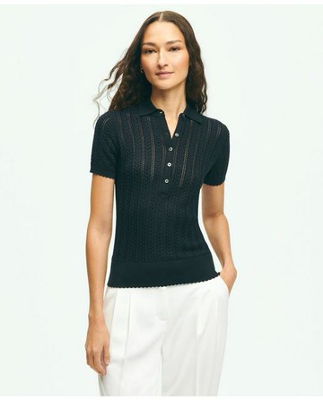 Brooks Brothers Women's Silk Blend Pointelle Polo Sweater | Navy | Size Medium