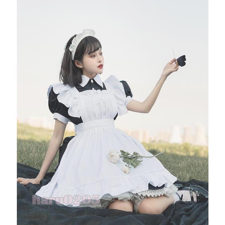 メイド服 ワンピース 長袖 黒白 フリル レディース コスプレ 膝丈