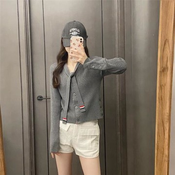 秋冬tb學院風撞色飄帶v領顯瘦針織開衫女百搭韓系內搭毛衣高版本