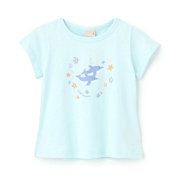 日本 petit main - 可愛荷葉袖短袖上衣-海豚-水藍