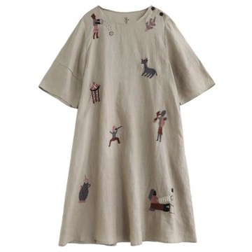 法式大碼印花亞麻襯衫連衣裙女夏七分袖棉麻T恤裙顯瘦遮肉a字短裙