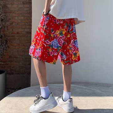 300斤大碼中國風東北大花短褲夏季潮流嘻哈風牡丹花花褲衩沙灘褲