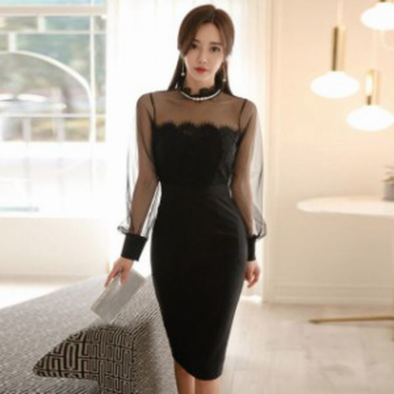 黒 チュールスリーブ パーティードレス ドレス ワンピース タイトワンピース 上品 フォーマル レース お呼ばれ 結婚式 ドレス 膝丈 通販 Lineポイント最大get Lineショッピング