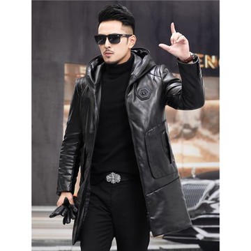 秋冬皮羽絨服男綿羊皮風衣中長款連帽皮衣真皮夾克修身皮大衣外套