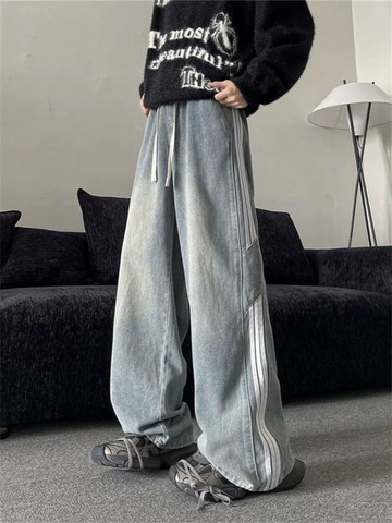 條紋美式牛仔褲男春秋復古水洗褲子寬鬆直筒高街闊腿長褲顯瘦褲子