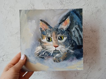 灰貓畫 原創藝術油畫 寵物肖像畫 20*20cm