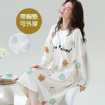 [韓國K.W.]韓國專櫃新品簡約帶胸墊長袖(睡裙/女睡衣/居家服/連身洋裝/洋裝)