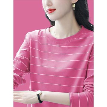 純棉長袖t恤女春秋季裝2024新款上衣條紋寬松大碼打底衫薄款內搭