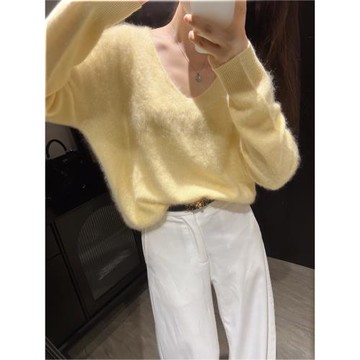 無縫一體12%山羊絨 88%綿羊毛280g加厚V領拉絨毛衣內搭打底羊絨衫