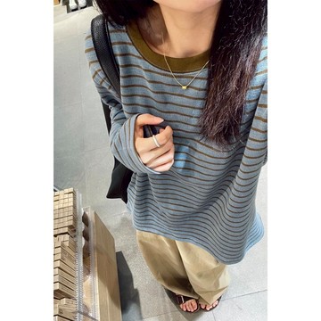 奈看服飾/隔日到貨顯白天花板的藍黃撞色條紋長袖 韓系慵懶寬松休閒針織長袖 Tee恤 長袖 上衣 秋款長袖