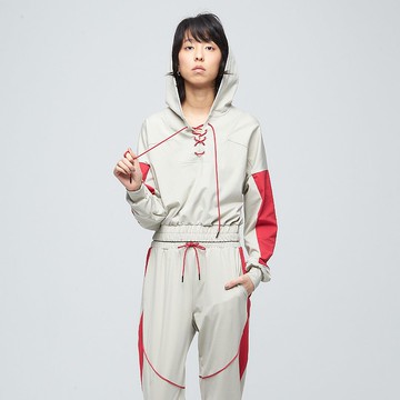 拼接logo短版連帽上衣(女)-灰毛柳