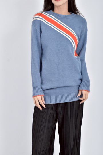 (M) 質感針織橘條紋藍色毛衣