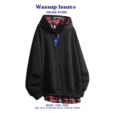 WASSUP ISSUE美式連帽開衫衛衣男款春秋季寬松休閑格子拉鏈外套男
