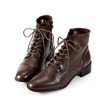 素面拼接橢圓頭綁帶短靴軍靴 深棕色