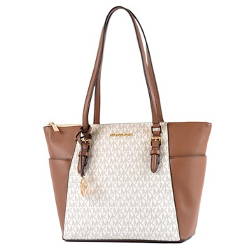 MICHAEL KORS CHARLOTTE 緹花LOGO防刮皮革梯形拉鍊托特包-香草白/大