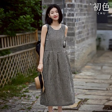 初色 復古風格紋圓領無袖寬鬆中長連衣裙連身洋裝-黑杏格-11915(M-2XL可選)