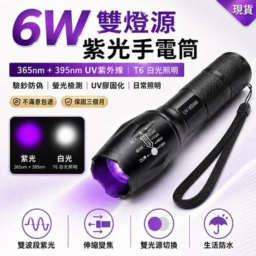 現貨 6w 雙燈源 365NM 395nm 紫光手電筒 uv膠固化 UV紫外線 檢驗螢光防偽 驗鈔燈 驗鈔