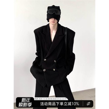 秋山風/小眾黑色廓形墊肩西裝外套男高級感雙層領休閑西服套裝潮