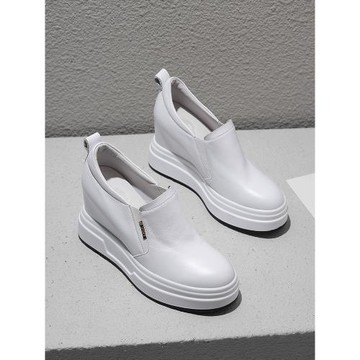 真皮9CM內增高小白鞋女春秋百搭松糕厚底休閑坡跟單鞋一腳蹬女鞋